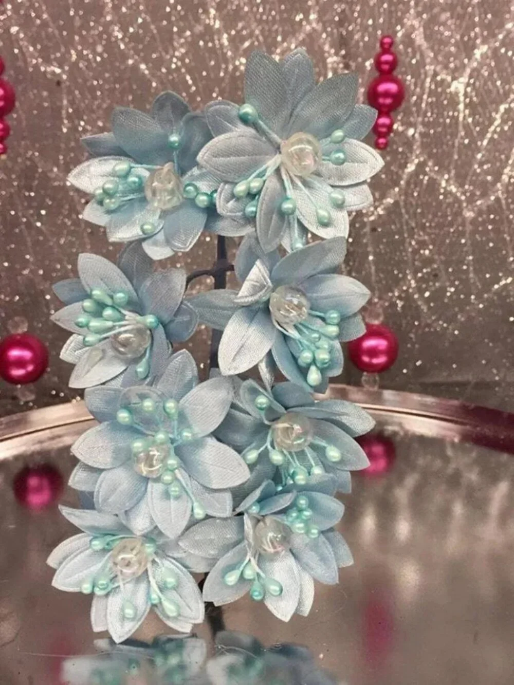 Satin Flowers with Clear Pearls on Stem Craft Party Supplies Corsage Flower Stem